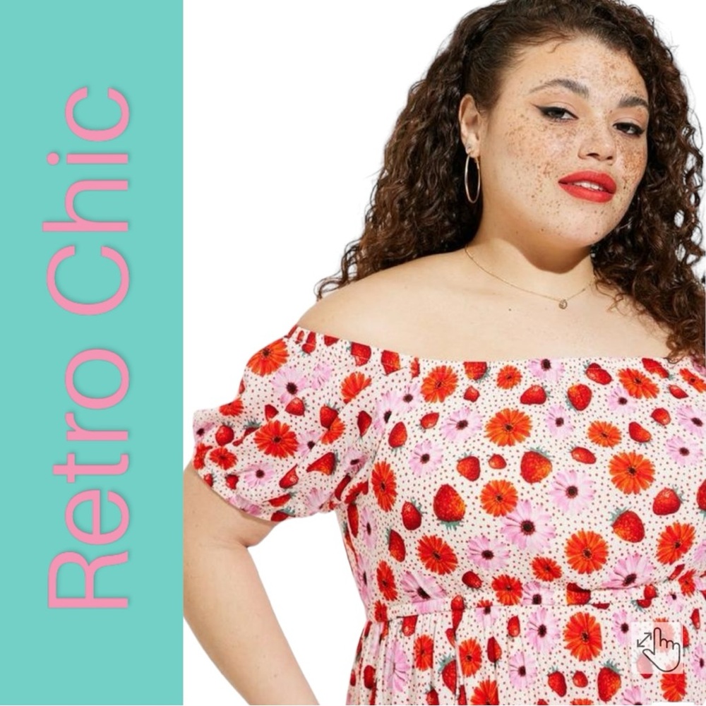 Retro Chic  Size 0 by Torrid Midi Gauze Puff Sleeve Off the Shoulder Dress